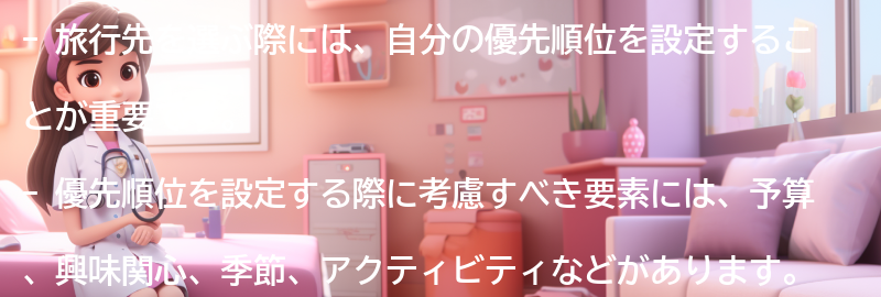 旅行先を選ぶ際の自分の優先順位の設定の要点まとめ